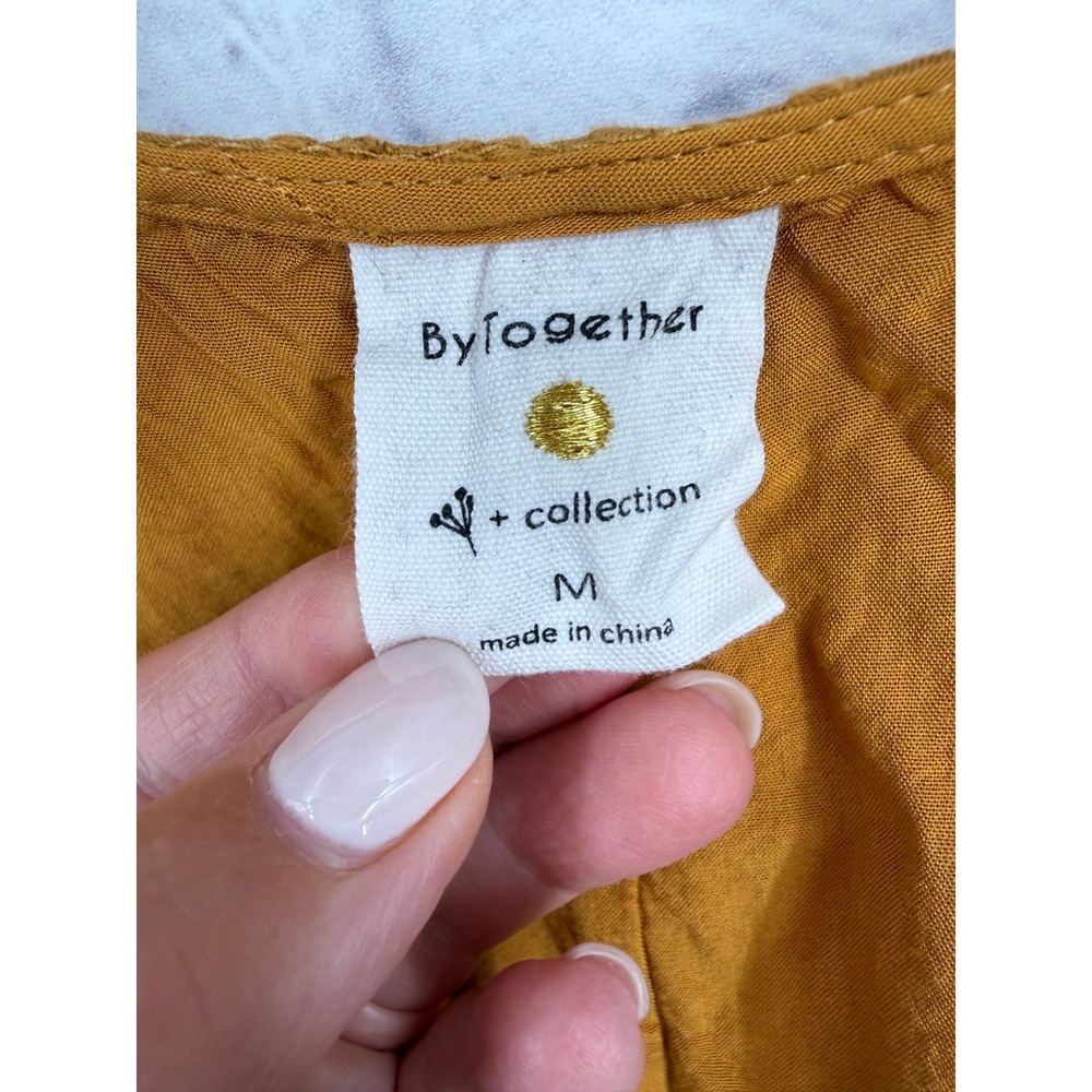 ByTogether Eyelet Mini Dress M Mustard Boho Cottagecore Prairie Puff Sleeve - Picture 3 of 12